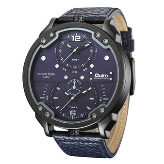 Oulm Men's Casual Sports Watches Unique Design Big Watch Male Leather Strap Quartz Clock Double Time Zone Men Luxury Wristwatch