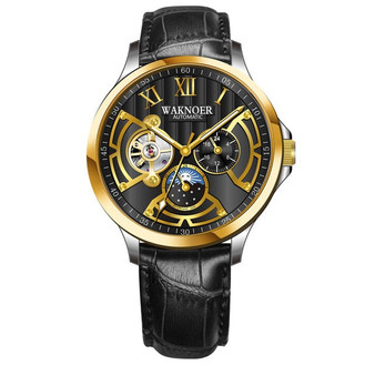 WAKNOER Automatic Mechanical Watch Men Stainless Waterproof Moon Phase Luminous Luxury Business Tourbillon Montre Homme Clock