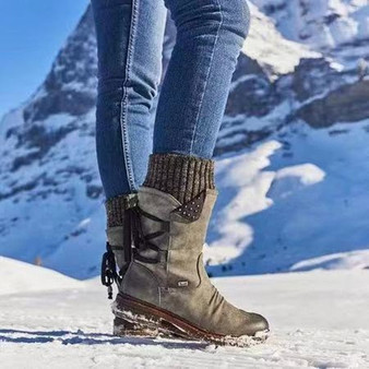 Women snow Boots Fashion Knitting Warm Autumn winter Mid-Calf Boots  Lace-up Boots Low Heels Comfortable Shoes woman