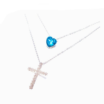 Blue Crystal Heart Cross Multilayer Pendant Necklace