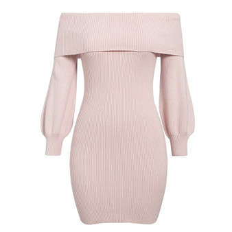 Pink Knitted Dress Off Shoulder Long Sleeve Soft Sweater Dress
