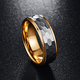 Brushed Silver/Grey - Gold Inlay Tungsten Carbide Ring