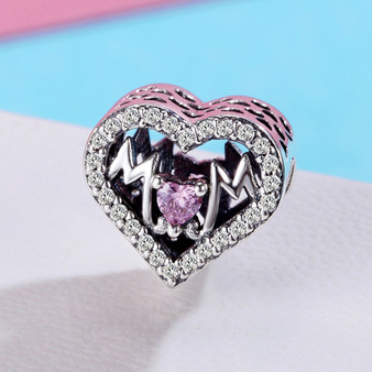 Heart MOM Letter Clear CZ Charm