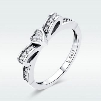 Lovely Bowknot Clear CZ Heart Shape Finger Ring