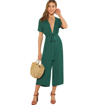 Green Plunge Neck Belted Jumpsuit