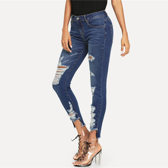 Blue Mid Waist Skinny Ripped Jeans