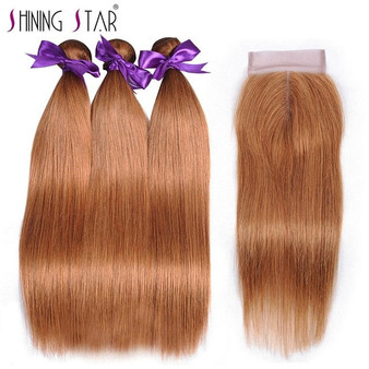 Blonde Brazilian Straight Hair Bundles With Closure (Color 30) Human Hair Weave 3 Bundles With Closure Non-Remy