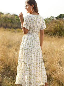 Bohemian Ruffled Floral V Neck Layer Maxi Dress