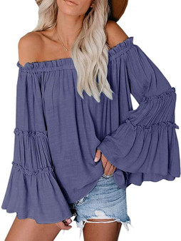 Womens Off The Shoulder Long Bell Sleeve Tops Flared Casual Loose Blouse