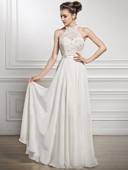 A-Line Scoop Neck Floor-Length Chiffon Lace Bridesmaid Dress With Split Front