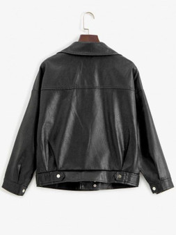 Zip Up Pockets Faux Leather Biker Jacket