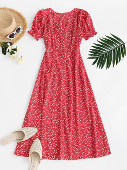 Puff Sleeve Ruched Slit Ditsy Floral Dress