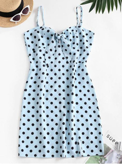 Polka Dot Knotted Slit Cami Summer Dress