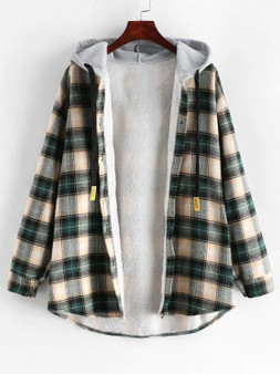 Plaid Buttoned Curved Hem Hooded Coat