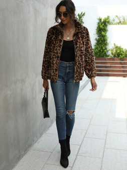 Leopard Pocket Fluffy Zip Up Jacket