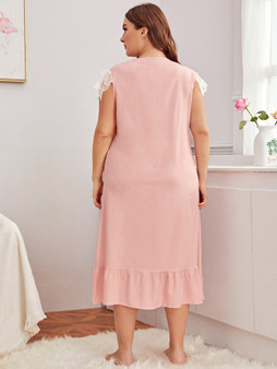 Plus Contrast Lace Ruffle Hem Nightdress, Modest Nightgown