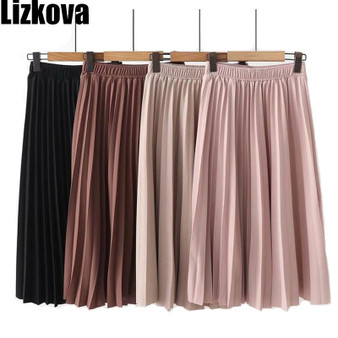 Modest Skirts for Women High Waist Pleated Black Elastic Waist Midi Skirt