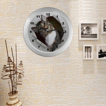 Cat Wall Clock Analog Clock Cute Tabby Cat Clock Round Quartz Silver 9" Gifts For Cat Lovers