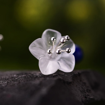 Handmade Lapis Lazuli and Natural Crystal Flower Silver Earrings