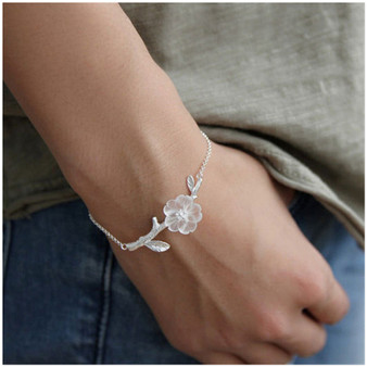 Hand crafted silver bracelet and crystal pear blossom flower