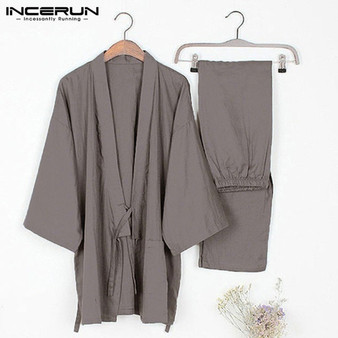 NEW Cotton Baggy Mens Kimono Pajamas Suits Robe Gown 2Pcs/Set Lounge Bathrobe Male Sleepwear Loose Tops Japan Pajamas Masculina