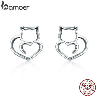 BAMOER Hot Sale Authentic 925 Sterling Silver Cute Cat Small Stud Earrings