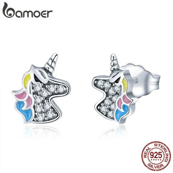 BAMOER 2020 925 Sterling Silver Dazzling Licorne Memory Stud Earrings Silver for Women