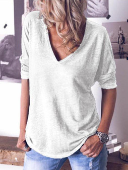 Women's Pure Color V-neck Long Sleeved T-shirt