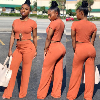 Casual Two Piece Crop Top And Wide Leg Pants Sets