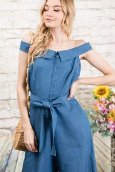 Denim Off-shoulder Wide Leg Palazzo Jumpsuit With Waist Tie