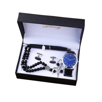 4pes/Set New Men's Gift Set Beautifully Packaged Watch Rosary Cufflinks Pen Simple Large Dial Casual Combination Wrist Watches