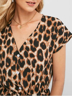 Cuffed Button Placket Leopard Jumpsuit