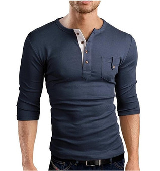 New Men Long Sleeved T-Shirt V Neck Button Decorated Casual Streetwear