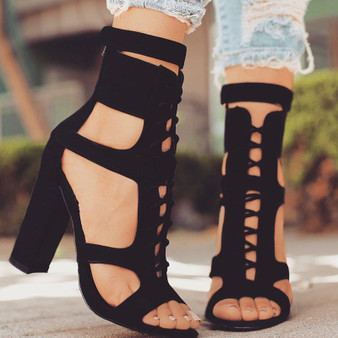 Parkside Wind Flock Women Sandals Gladiator High Heels Strap Pumps Lace-up Female Shoes