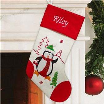 Embroidered Red and White Penguin Stocking