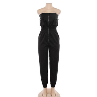 slash neck zipper high waist jumpsuit pocket casual