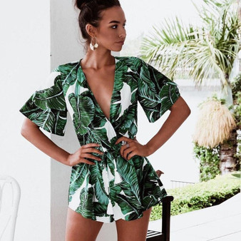 Flare Sleeve Floral Print Romper with Belt V Neck Sexy Jumpsuit