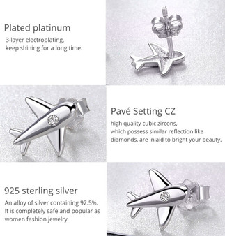 VOROCO 100% 925 Sterling Silver Small Airplane Stud Earrings With Zircon Stone