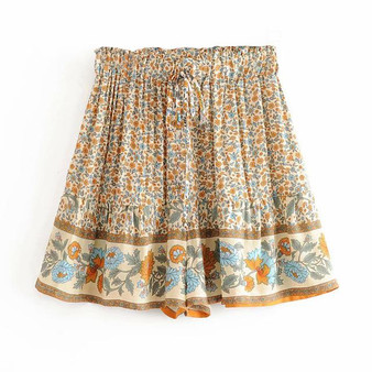 Elastic waist mini vintage rayon floral print ruffles boho skirt