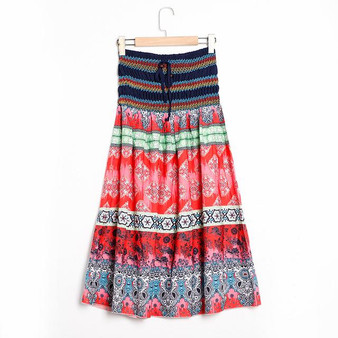 Boho Floral A-line Maxi Elastic High Waist Sashes Vintage Pleated skirt