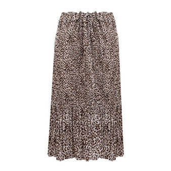 Pleated Long Maxi Leopard Printed Elastic Waist Skirt