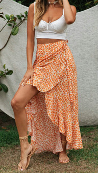 Floral High Waist Ruffled Long Split Boho Wrap Skirts