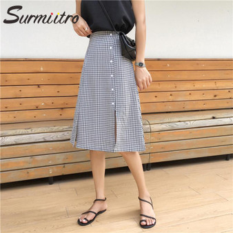 Plaid Midi Slit High Waist Skirt