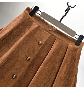 Vintage Single-breasted Midi Pleated Suede Skirt