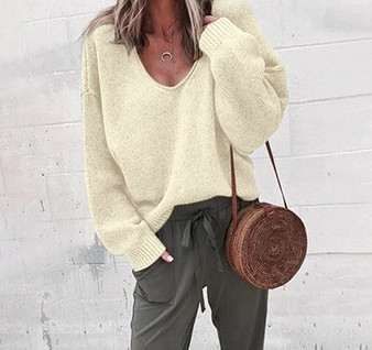 Casual Knitted V Neck Long Sleeve Solid Sweater