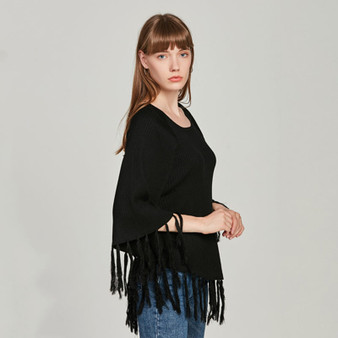 Casual O-Neck Pullovers Sweaters Batwing Sleeve Tassel Solid Sweater