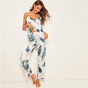 Tropical Print Satin Sexy Cami Pajama Set