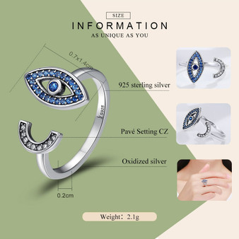 925 Sterling Silver Fascinating Blue Eye Face Clear CZ Open Finger Ring