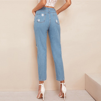 Blue Destroyed Ripped Detail Cut-out Crop Jeans