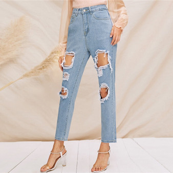 Blue Solid Destroyed Ripped Detail High Waist Zipper Tapered Carrot Jeans